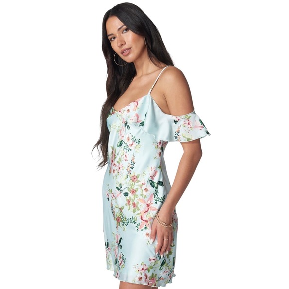 bebe Dresses & Skirts - Bebe Printed Bubble Satin Mini Dress Light Blue Floral Romantic Women's Large